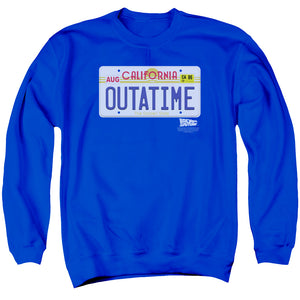 AN OFFCIALLY LICENSED BACK TO THE FUTURE OUTATIME PLATE ADULT UNISEX CREWNECK SWEATSHIRT ROYAL