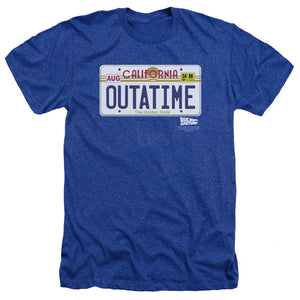 AN OFFCIALLY LICENSED BACK TO THE FUTURE OUTATIME PLATE MEN'S HEATHER T-SHIRT ROYAL