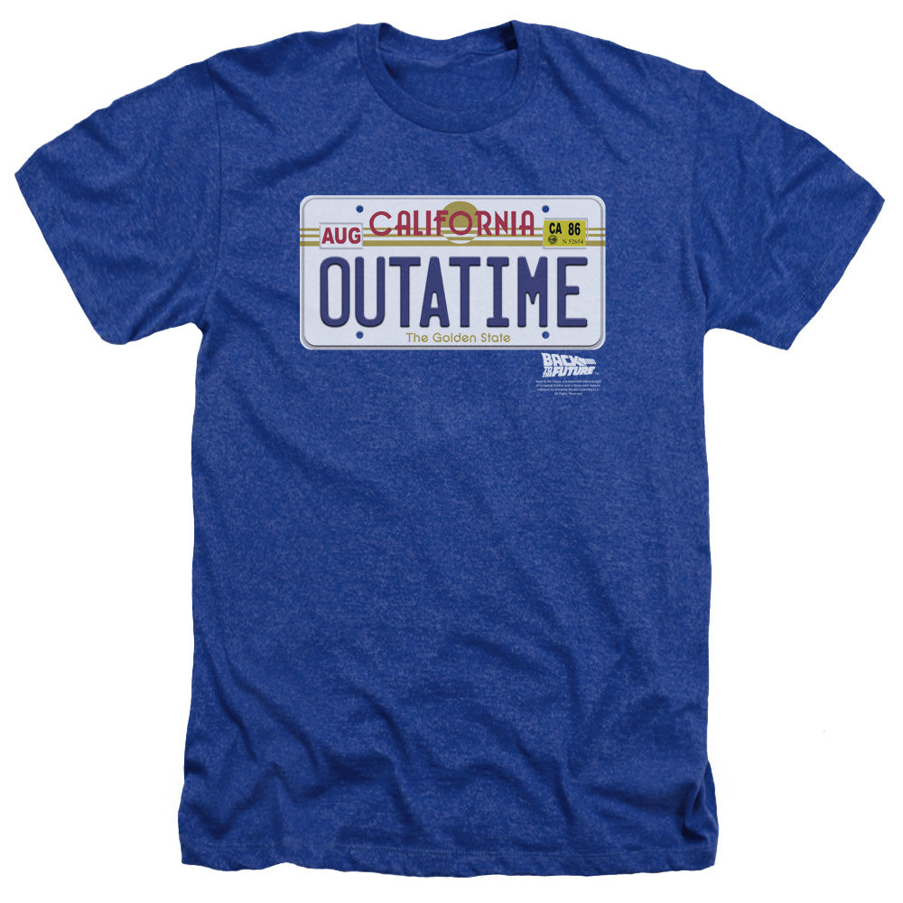AN OFFCIALLY LICENSED BACK TO THE FUTURE OUTATIME PLATE MEN'S HEATHER T-SHIRT ROYAL