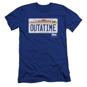 AN OFFCIALLY LICENSED BACK TO THE FUTURE OUTATIME PLATE MEN'S PREMIUM SLIM FIT T-SHIRT ROYAL