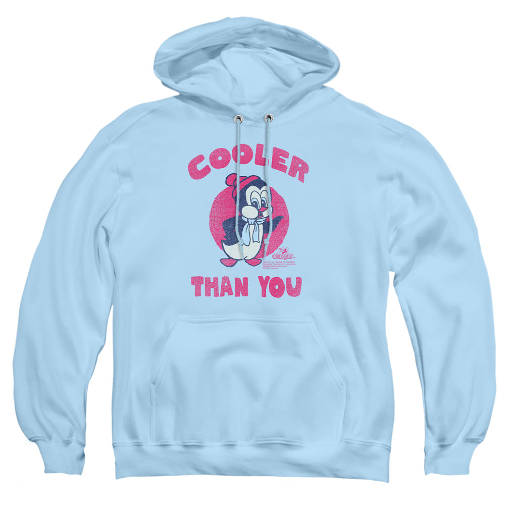AN OFFCIALLY LICENSED CHILLY WILLY COOLER THAN YOU ADULT UNISEX PULLOVER HOODIE LIGHT BLUE