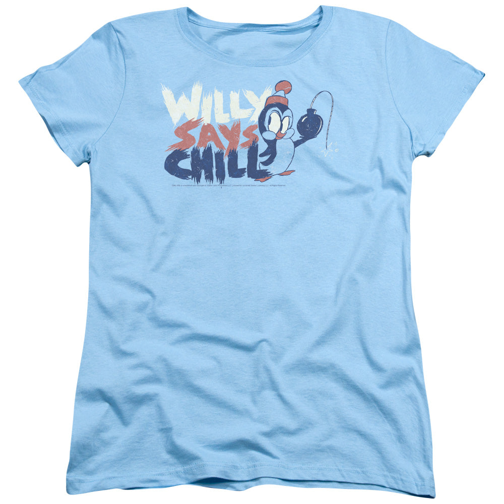 AN OFFCIALLY LICENSED CHILLY WILLY I SAY CHILL WOMEN'S REGULAR FIT T-SHIRT LIGHT BLUE