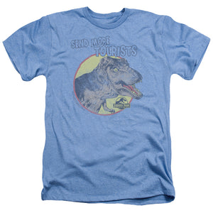 AN OFFCIALLY LICENSED JURASSIC PARK MORE TOURIST MEN'S HEATHER T-SHIRT LIGHT BLUE