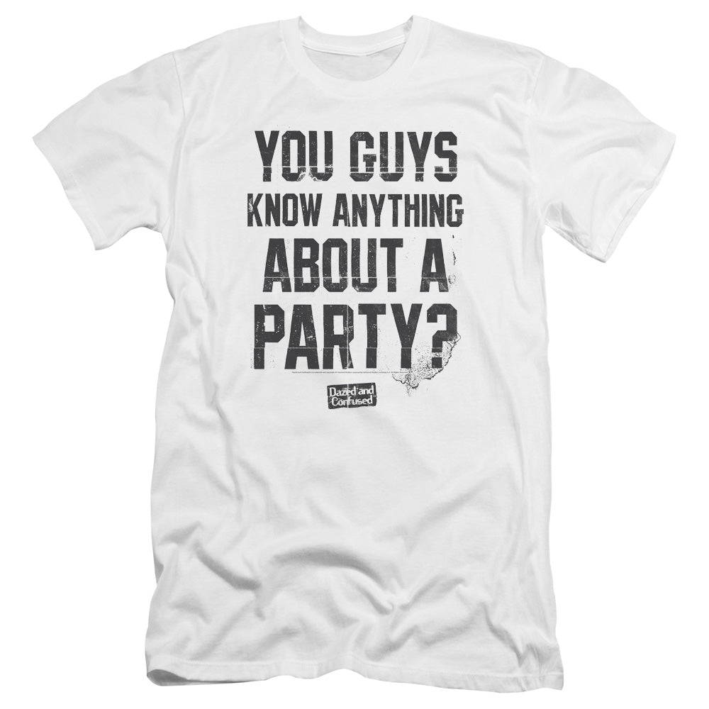 AN OFFCIALLY LICENSED DAZED AND CONFUSED PARTY TIME MEN'S PREMIUM SLIM FIT T-SHIRT WHITE