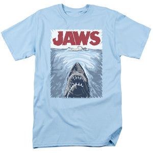 AN OFFCIALLY LICENSED JAWS GRAPHIC POSTER MEN'S REGULAR FIT T-SHIRT LIGHT BLUE