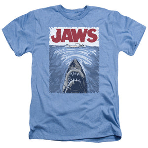 AN OFFCIALLY LICENSED JAWS GRAPHIC POSTER MEN'S HEATHER T-SHIRT LIGHT BLUE