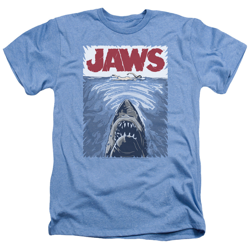 AN OFFCIALLY LICENSED JAWS GRAPHIC POSTER MEN'S HEATHER T-SHIRT LIGHT BLUE