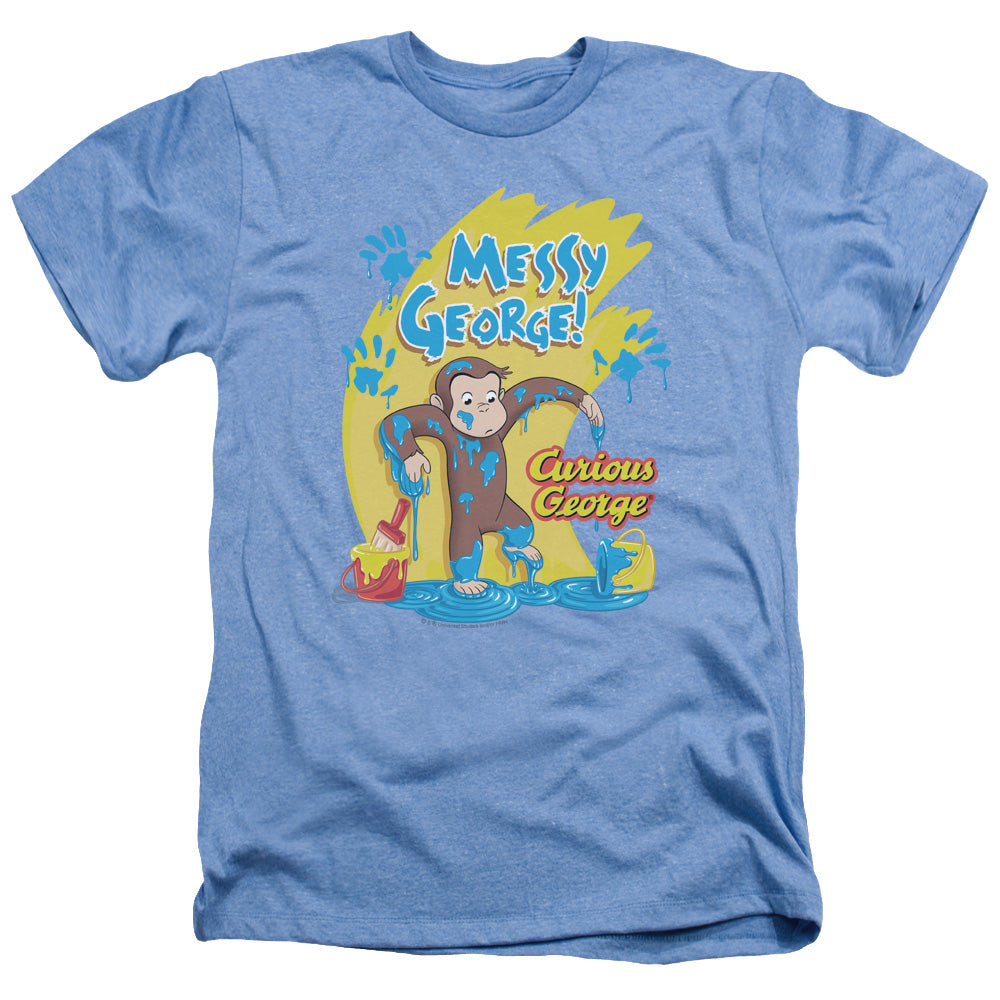 AN OFFCIALLY LICENSED CURIOUS GEORGE MESSY GEORGE MEN'S HEATHER T-SHIRT LIGHT BLUE