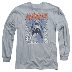 AN OFFCIALLY LICENSED JAWS COMIC SPLASH MEN'S LONG SLEEVE T-SHIRT ATHLETIC HEATHER