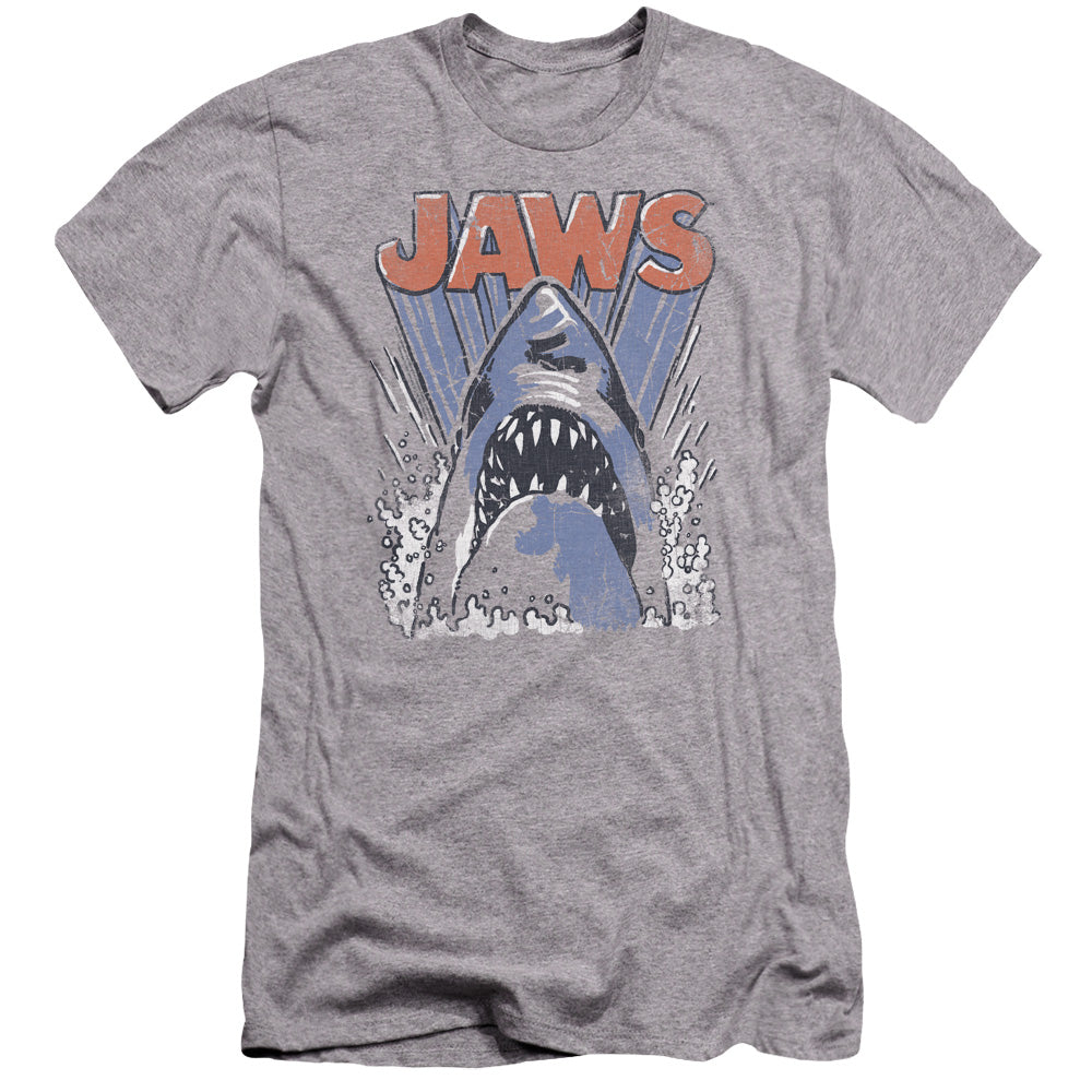 AN OFFCIALLY LICENSED JAWS COMIC SPLASH MEN'S PREMIUM SLIM FIT T-SHIRT ATHLETIC HEATHER