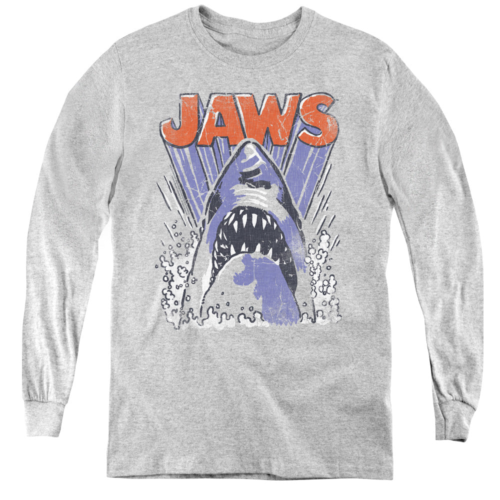 AN OFFCIALLY LICENSED JAWS COMIC SPLASH YOUTH LONG SLEEVE T-SHIRT ATHLETIC HEATHER