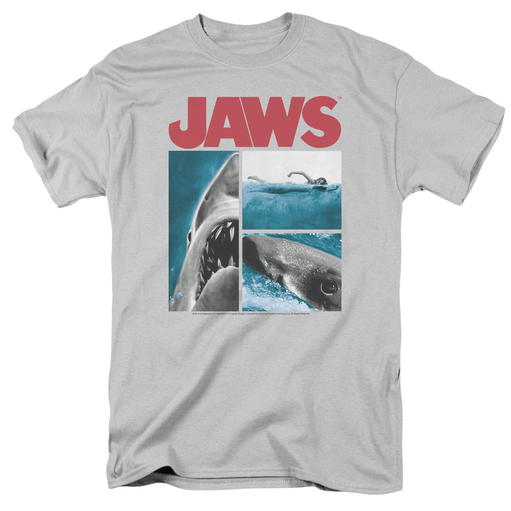 AN OFFCIALLY LICENSED JAWS INSTAJAWS MEN'S REGULAR FIT T-SHIRT SILVER