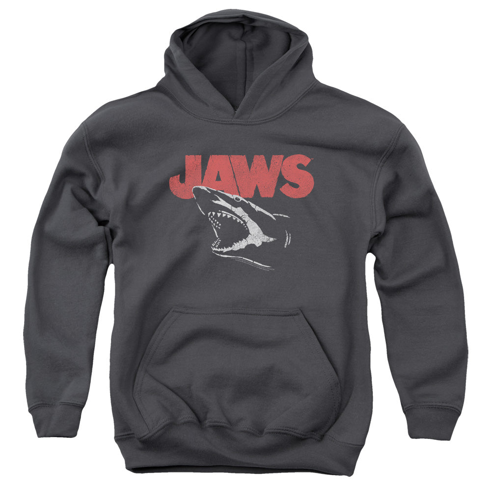 AN OFFCIALLY LICENSED JAWS CRACKED JAW YOUTH HOODIE CHARCOAL