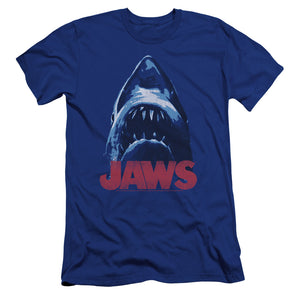 AN OFFCIALLY LICENSED JAWS FROM BELOW MEN'S PREMIUM SLIM FIT T-SHIRT ROYAL