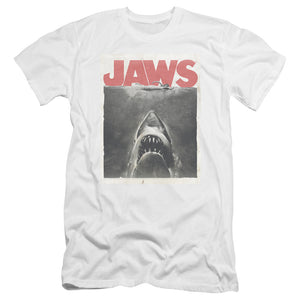 AN OFFCIALLY LICENSED JAWS CLASSIC FEAR MEN'S PREMIUM SLIM FIT T-SHIRT WHITE