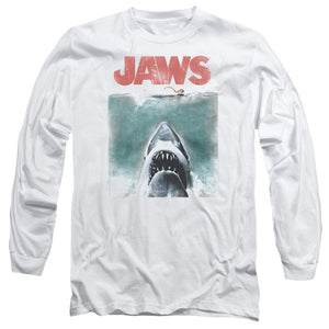 AN OFFCIALLY LICENSED JAWS VINTAGE POSTER MEN'S LONG SLEEVE T-SHIRT WHITE