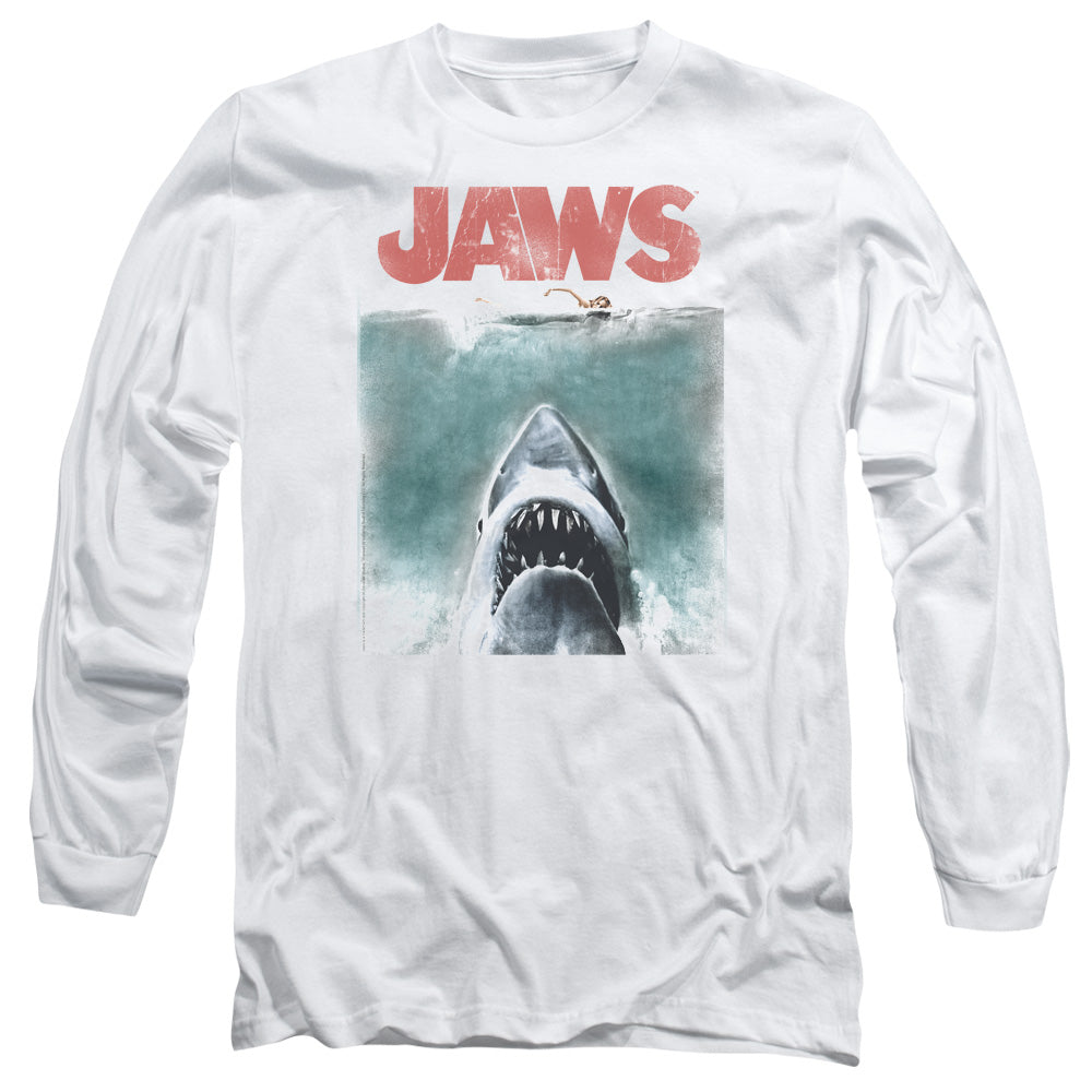 AN OFFCIALLY LICENSED JAWS VINTAGE POSTER MEN'S LONG SLEEVE T-SHIRT WHITE
