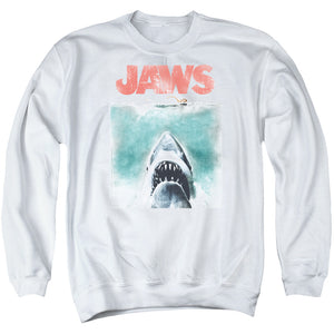 AN OFFCIALLY LICENSED JAWS VINTAGE POSTER ADULT UNISEX CREWNECK SWEATSHIRT WHITE