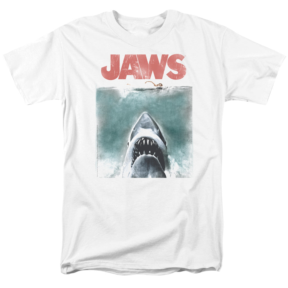 AN OFFCIALLY LICENSED JAWS VINTAGE POSTER MEN'S REGULAR FIT T-SHIRT WHITE