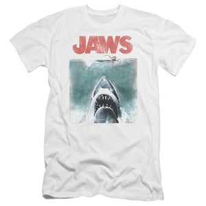 AN OFFCIALLY LICENSED JAWS VINTAGE POSTER MEN'S PREMIUM SLIM FIT T-SHIRT WHITE