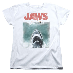 AN OFFCIALLY LICENSED JAWS VINTAGE POSTER WOMEN'S REGULAR FIT T-SHIRT WHITE