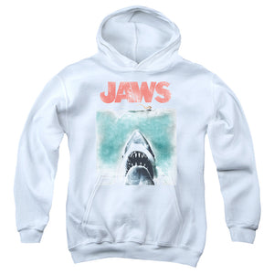 AN OFFCIALLY LICENSED JAWS VINTAGE POSTER YOUTH HOODIE WHITE