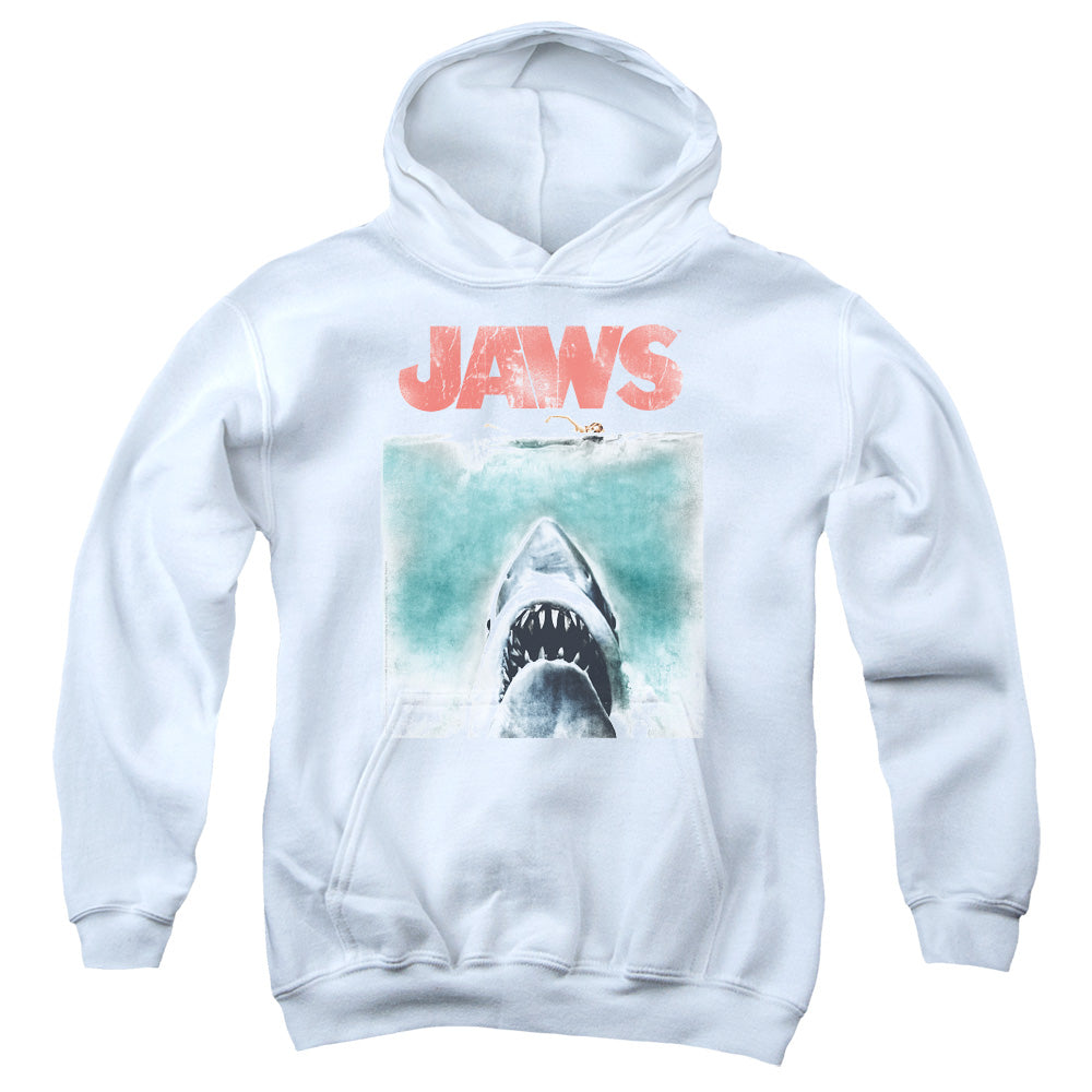 AN OFFCIALLY LICENSED JAWS VINTAGE POSTER YOUTH HOODIE WHITE