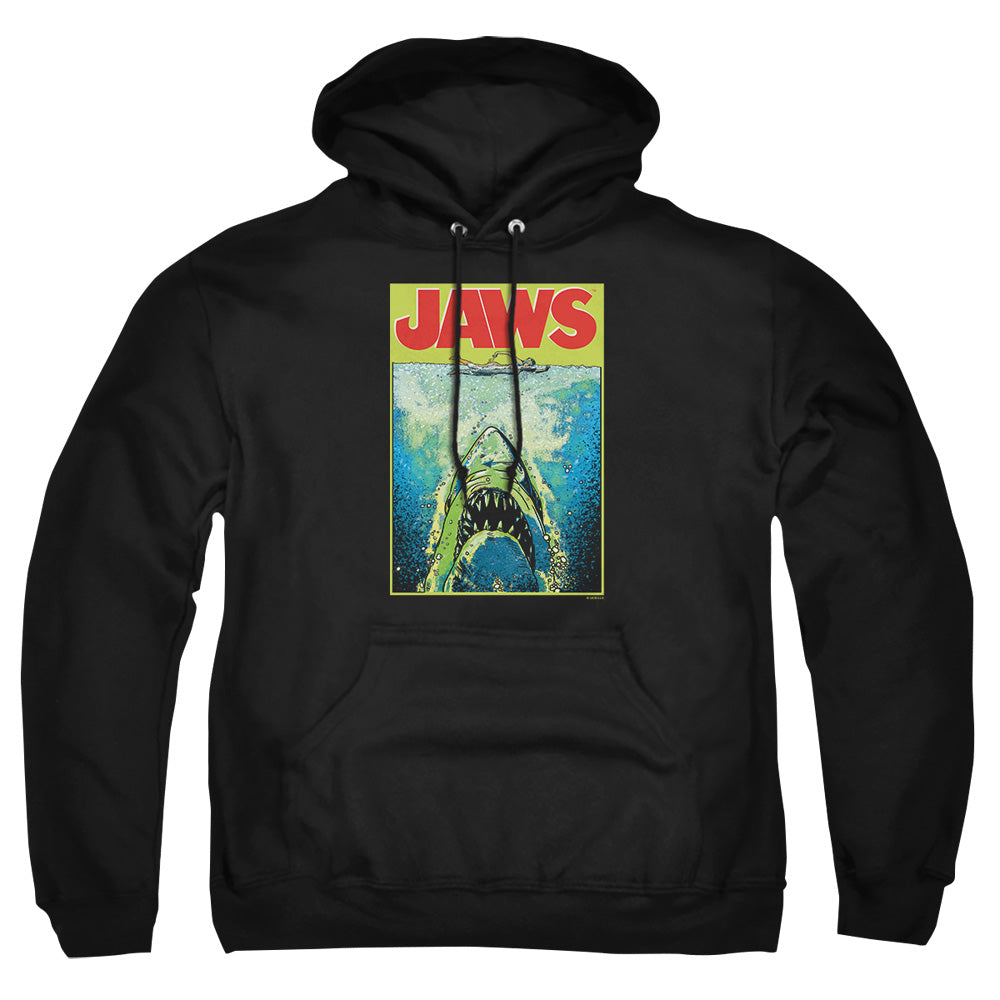 AN OFFCIALLY LICENSED JAWS BRIGHT JAWS ADULT UNISEX PULLOVER HOODIE BLACK