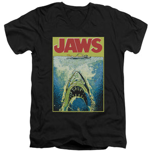 AN OFFCIALLY LICENSED JAWS BRIGHT JAWS MEN'S V-NECK T-SHIRT BLACK