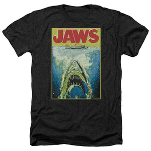 AN OFFCIALLY LICENSED JAWS BRIGHT JAWS MEN'S HEATHER T-SHIRT CHARCOAL