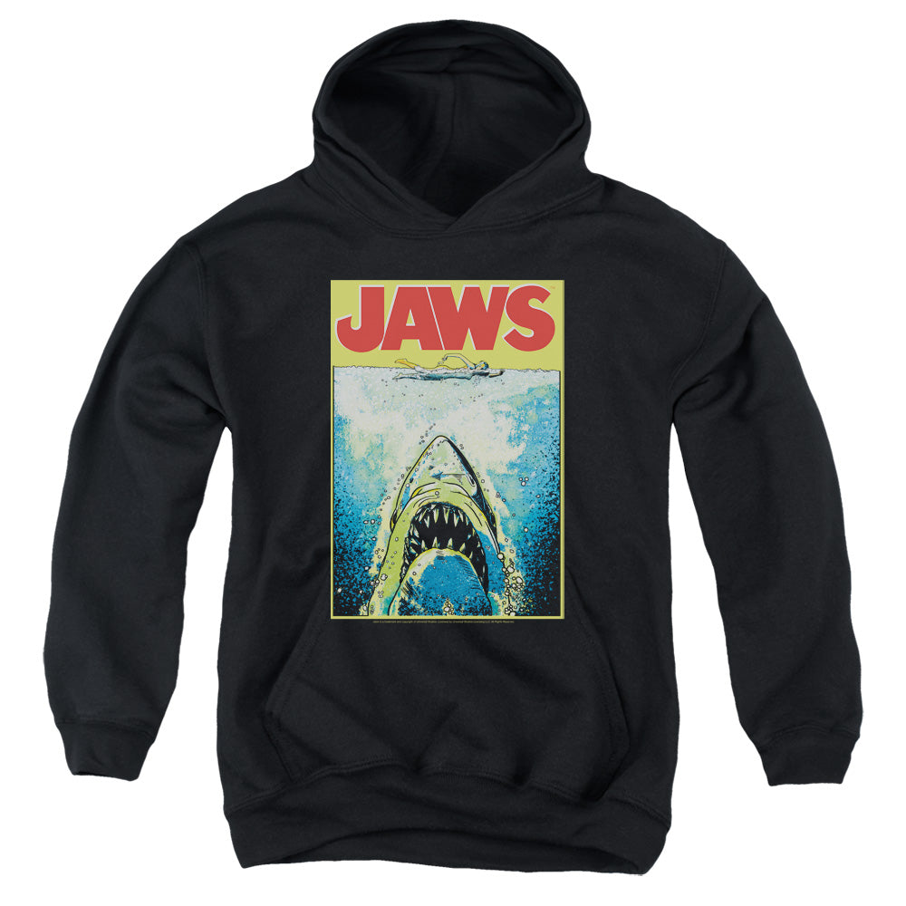 AN OFFCIALLY LICENSED JAWS BRIGHT JAWS YOUTH HOODIE BLACK