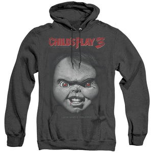 AN OFFCIALLY LICENSED CHILDS PLAY 3 FACE POSTER ADULT UNISEX HEATHER PULLOVER HOODIE BLACK