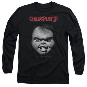 AN OFFCIALLY LICENSED CHILDS PLAY 3 FACE POSTER MEN'S LONG SLEEVE T-SHIRT BLACK
