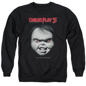 AN OFFCIALLY LICENSED CHILDS PLAY 3 FACE POSTER ADULT UNISEX CREWNECK SWEATSHIRT BLACK