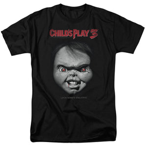 AN OFFCIALLY LICENSED CHILDS PLAY 3 FACE POSTER MEN'S REGULAR FIT T-SHIRT BLACK