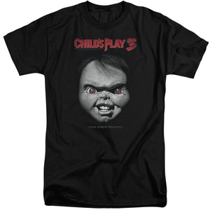 AN OFFCIALLY LICENSED CHILDS PLAY 3 FACE POSTER MEN'S TALL FIT T-SHIRT BLACK