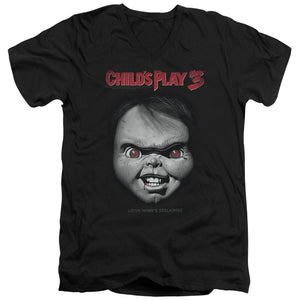 AN OFFCIALLY LICENSED CHILDS PLAY 3 FACE POSTER MEN'S V-NECK T-SHIRT BLACK