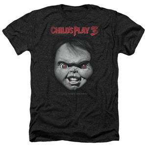 AN OFFCIALLY LICENSED CHILDS PLAY 3 FACE POSTER MEN'S HEATHER T-SHIRT CHARCOAL