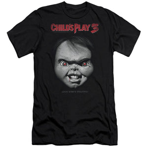 AN OFFCIALLY LICENSED CHILDS PLAY 3 FACE POSTER MEN'S PREMIUM SLIM FIT T-SHIRT BLACK