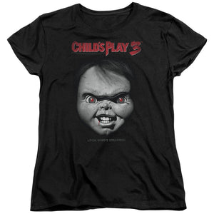 AN OFFCIALLY LICENSED CHILDS PLAY 3 FACE POSTER WOMEN'S REGULAR FIT T-SHIRT BLACK