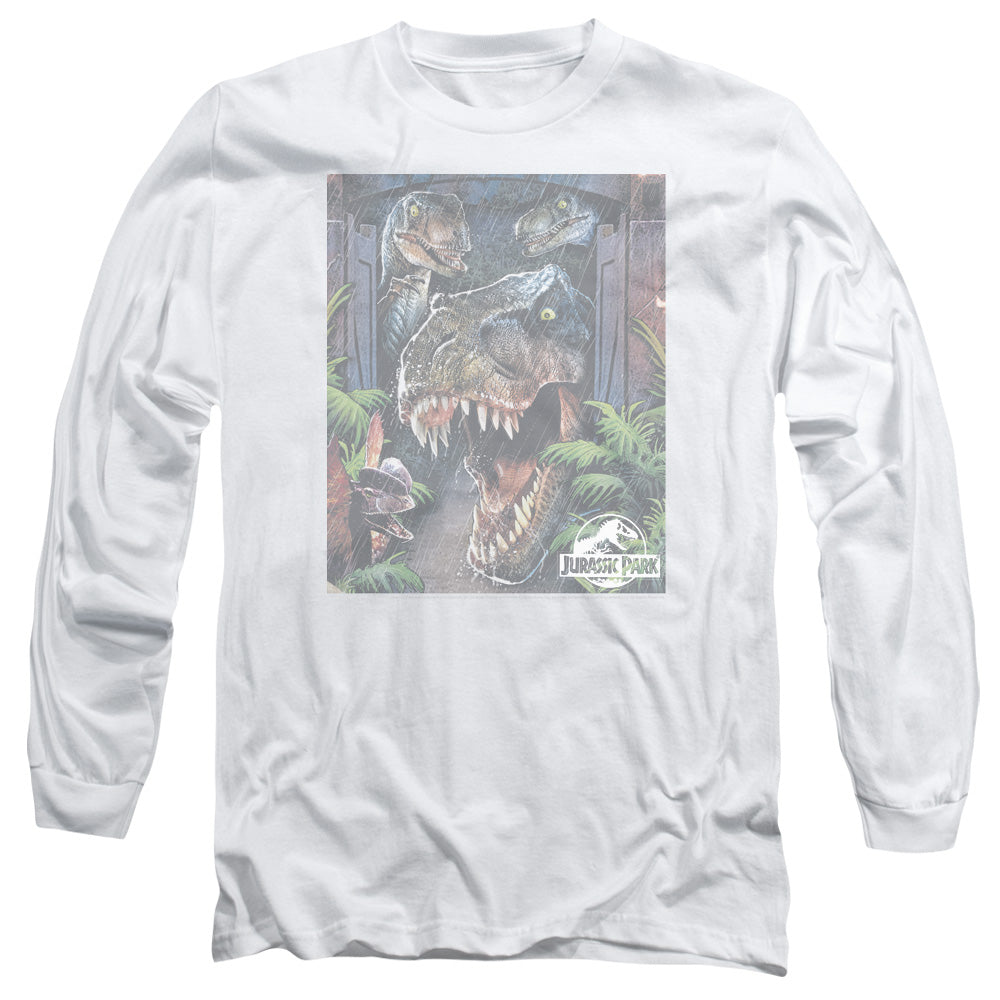 AN OFFCIALLY LICENSED JURASSIC PARK GIANT DOOR MEN'S LONG SLEEVE T-SHIRT WHITE