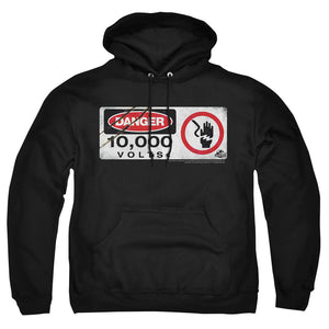 AN OFFCIALLY LICENSED JURASSIC PARK ELECTRIC FENCE SIGN ADULT UNISEX PULLOVER HOODIE BLACK