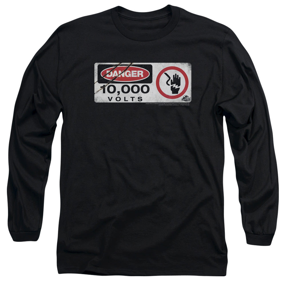 AN OFFCIALLY LICENSED JURASSIC PARK ELECTRIC FENCE SIGN MEN'S LONG SLEEVE T-SHIRT BLACK