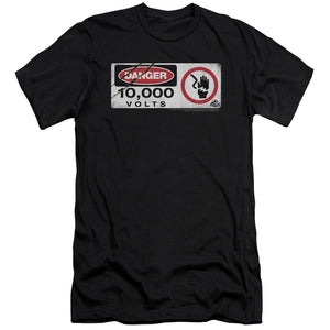AN OFFCIALLY LICENSED JURASSIC PARK ELECTRIC FENCE SIGN MEN'S PREMIUM SLIM FIT T-SHIRT BLACK