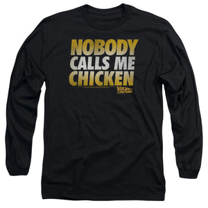 AN OFFCIALLY LICENSED BACK TO THE FUTURE CHICKEN MEN'S LONG SLEEVE T-SHIRT BLACK