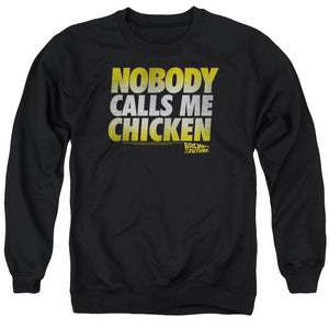 AN OFFCIALLY LICENSED BACK TO THE FUTURE CHICKEN ADULT UNISEX CREWNECK SWEATSHIRT BLACK