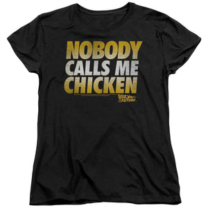 AN OFFCIALLY LICENSED BACK TO THE FUTURE CHICKEN WOMEN'S REGULAR FIT T-SHIRT BLACK