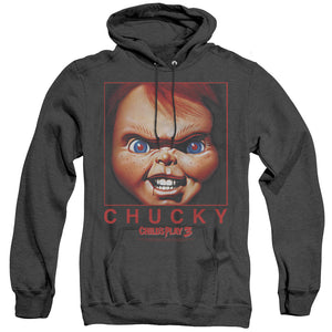 AN OFFCIALLY LICENSED CHILDS PLAY CHUCKY SQUARED ADULT UNISEX HEATHER PULLOVER HOODIE BLACK