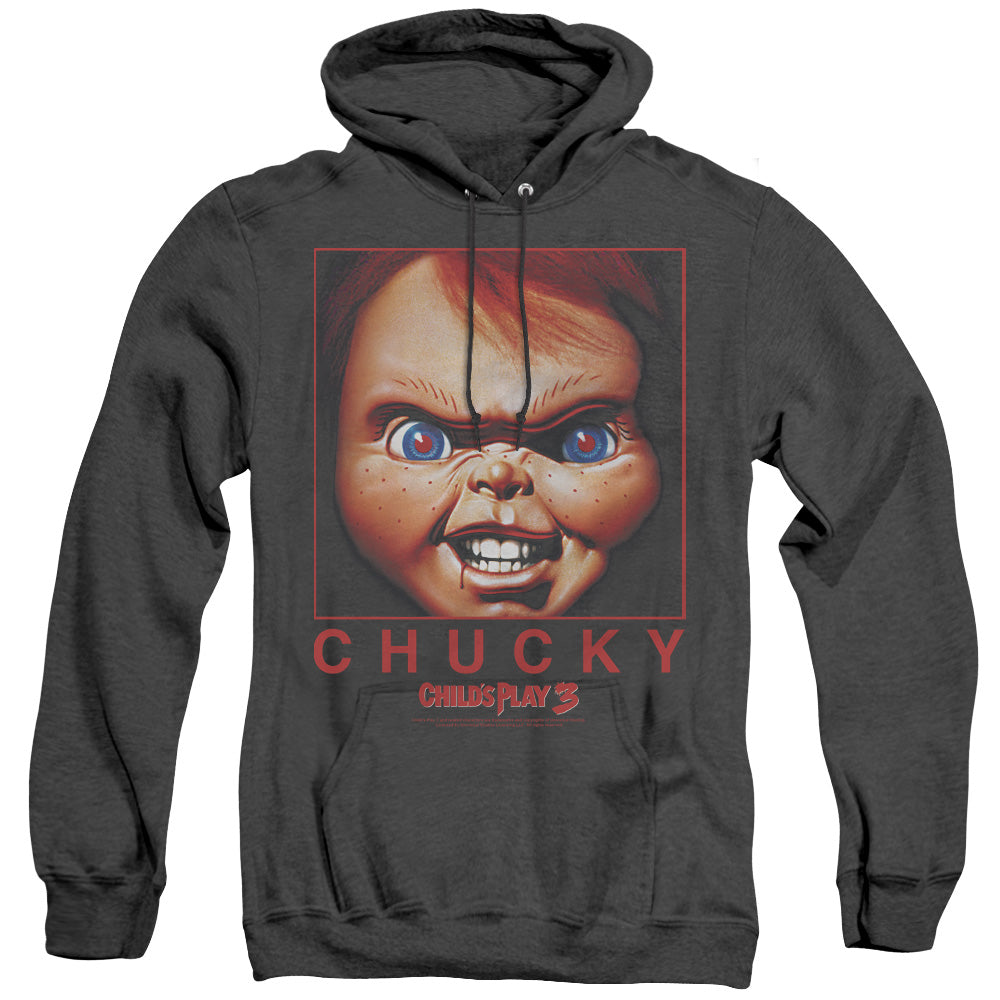 AN OFFCIALLY LICENSED CHILDS PLAY CHUCKY SQUARED ADULT UNISEX HEATHER PULLOVER HOODIE BLACK