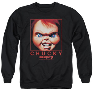 AN OFFCIALLY LICENSED CHILDS PLAY CHUCKY SQUARED ADULT UNISEX CREWNECK SWEATSHIRT BLACK
